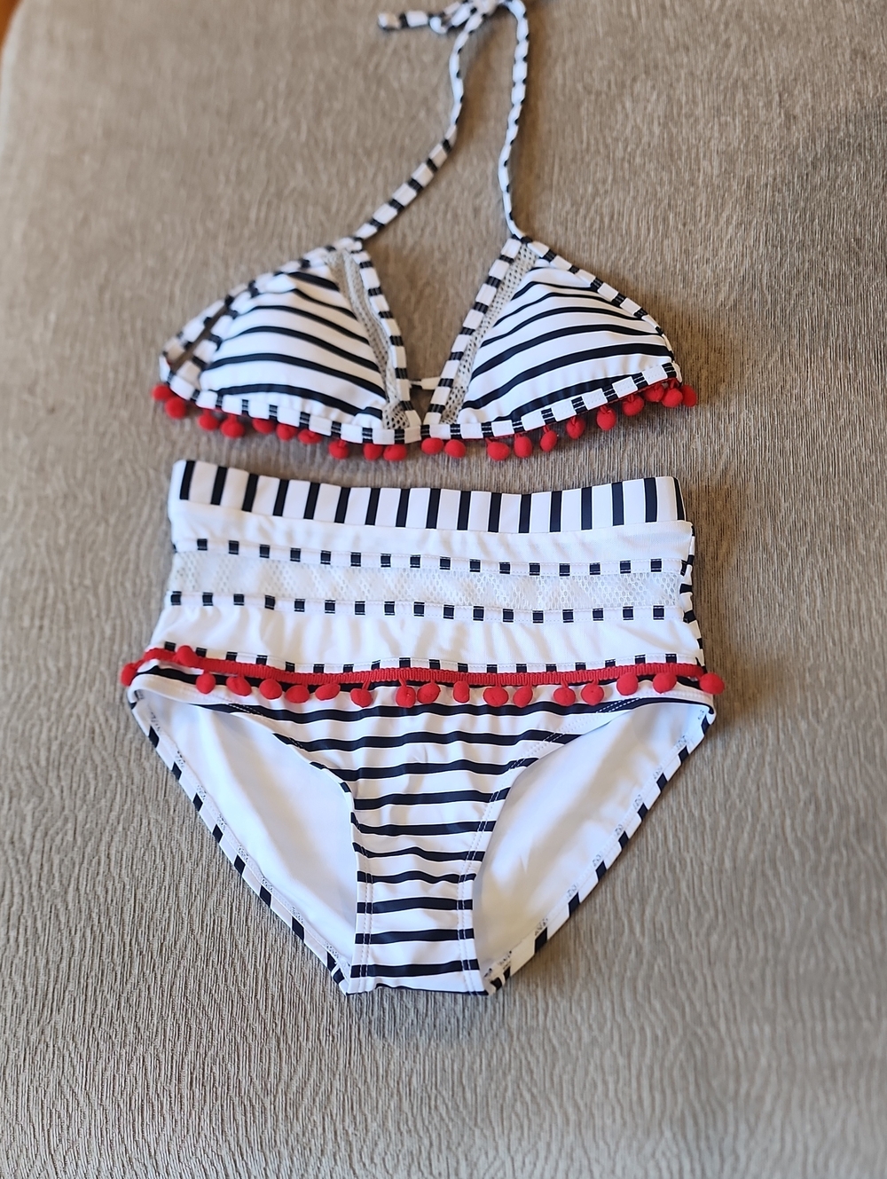 Striped Black & White Bikini Set with Red Pom-Pom Trim Size S